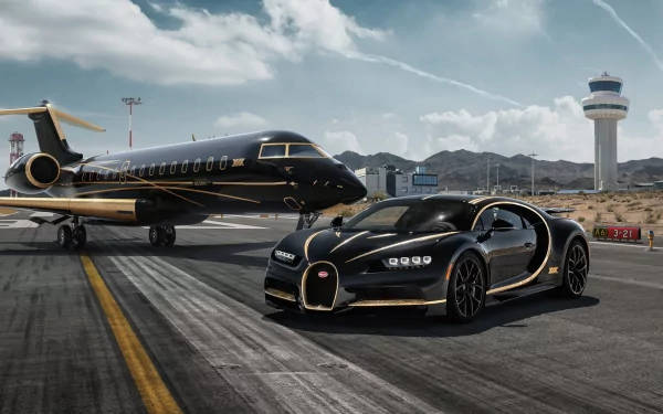 黑色Bugatti Chiron與私人飛機停放在機場跑道上。 — 4K 壁紙