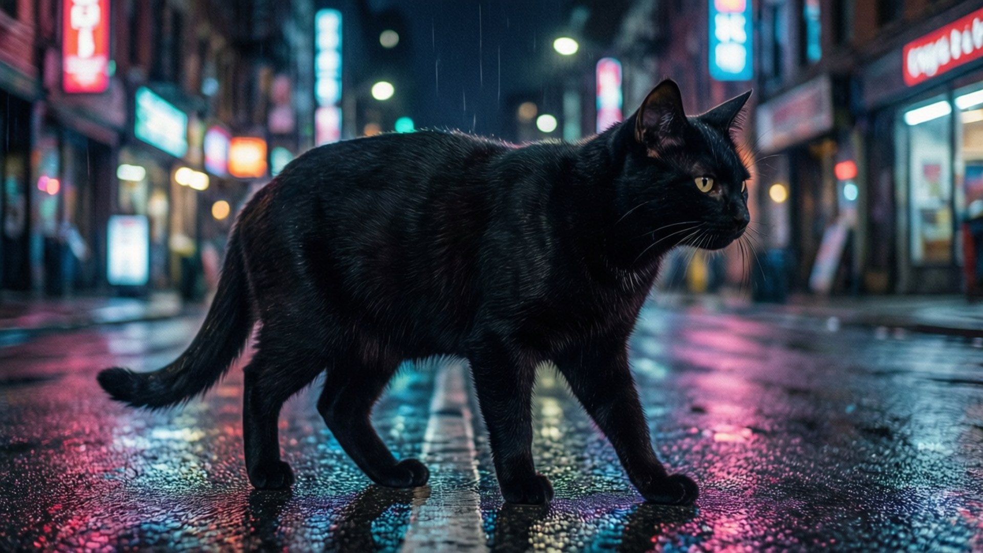 貓咪藝術 桌布 壁紙 — 一隻時尚的黑貓自信地走過雨濕的霓虹燈夜街。