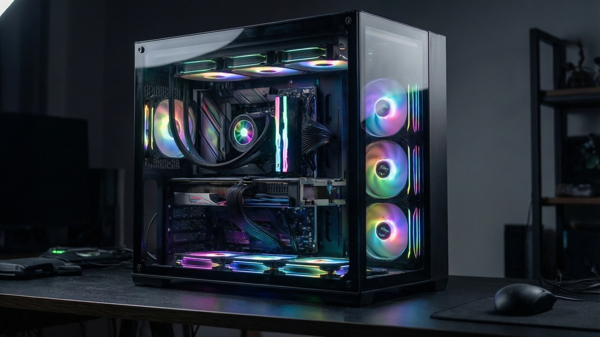 RGB Gaming PC 壁紙 — 一個時尚的黑色電腦機箱，帶有透明側板，在黑暗的房間中展現出充滿活力的彩虹LED風扇和內部組件發光。