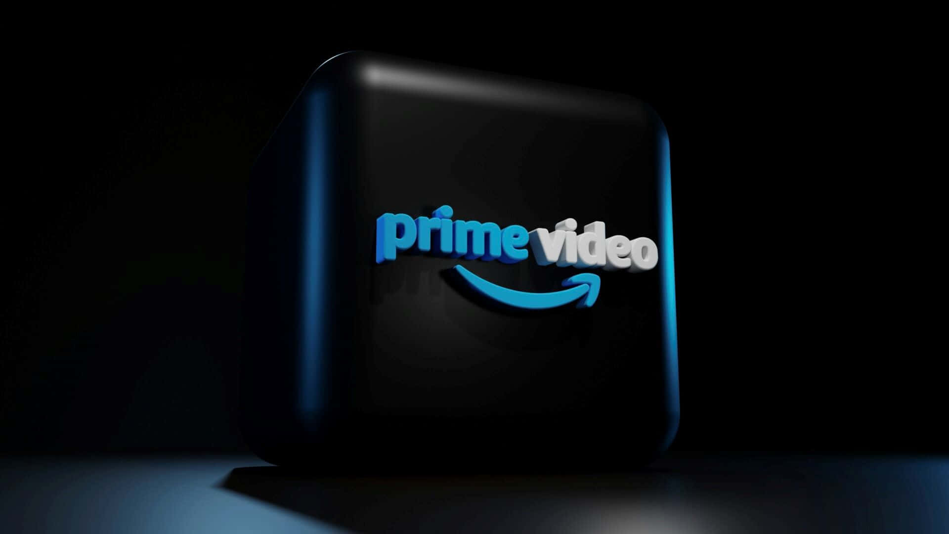  壁紙 — 一個時尚的黑色立方體，帶有發光的藍色Prime Video標誌，在黑暗背景中亮起。