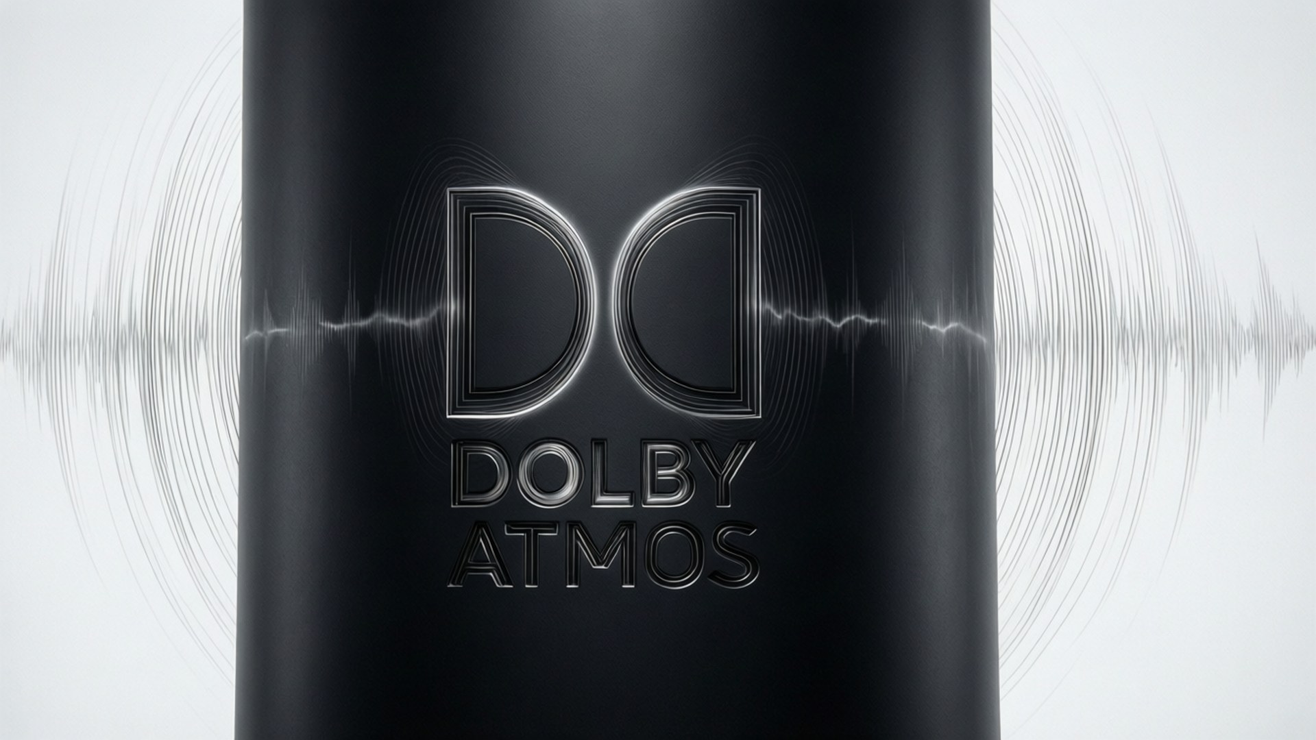 Dolby Atmos 桌布 壁紙 — 一個時尚的黑色圓柱形喇叭，帶有發光的 Dolby Atmos 標誌和聲波圖案，背景為簡約白色。