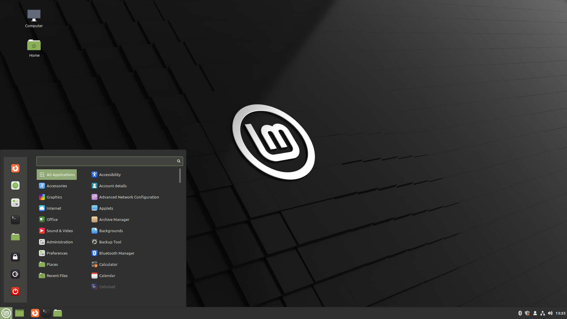 Linux桌面，應用程式選單在黑色幾何背景上打開。 — Linux 壁紙
