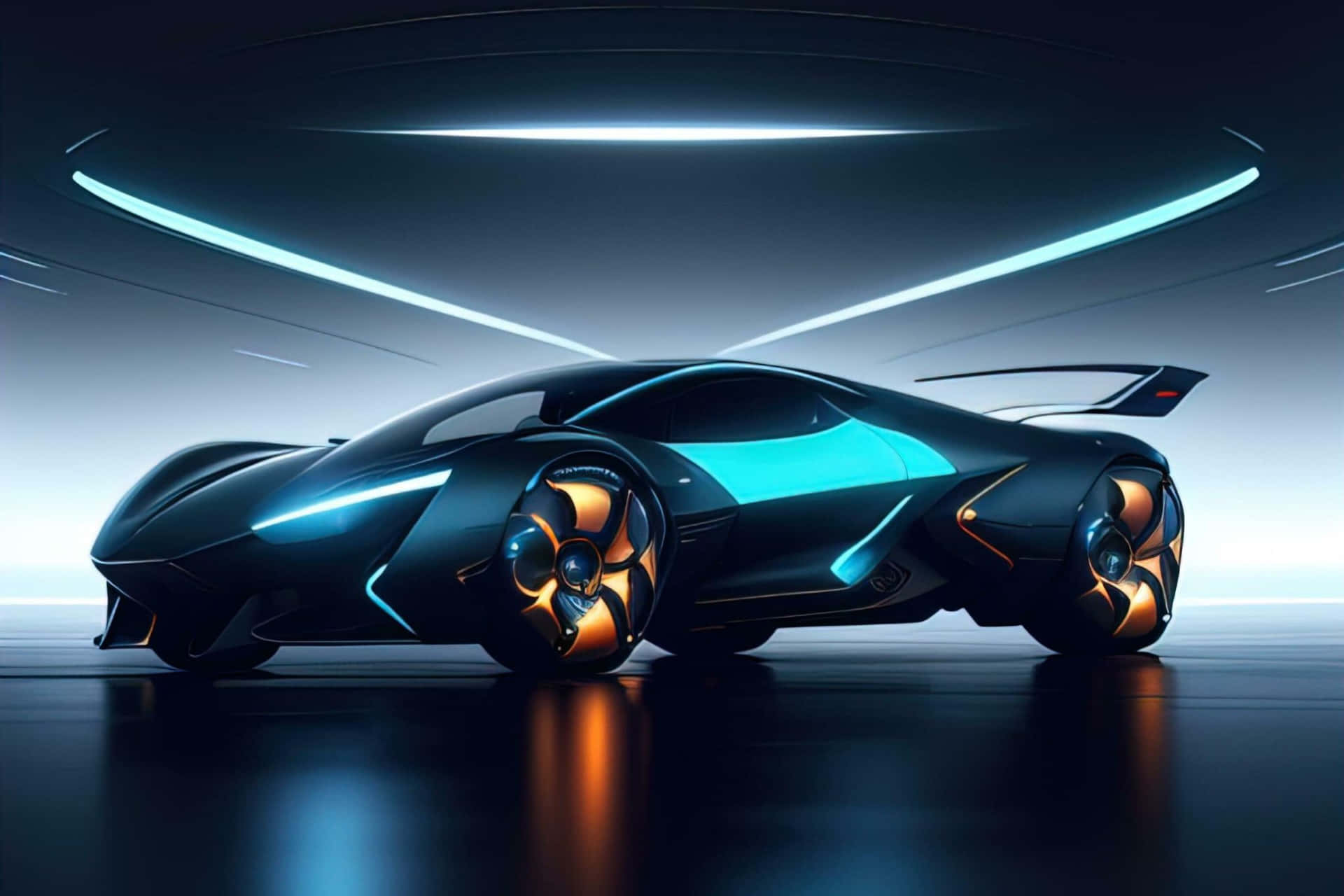  壁紙 — 一輛時尚的黑色未來主義跑車，帶有發光的藍色和橙色裝飾，在極簡主義工作室的霓虹燈光束下展示。