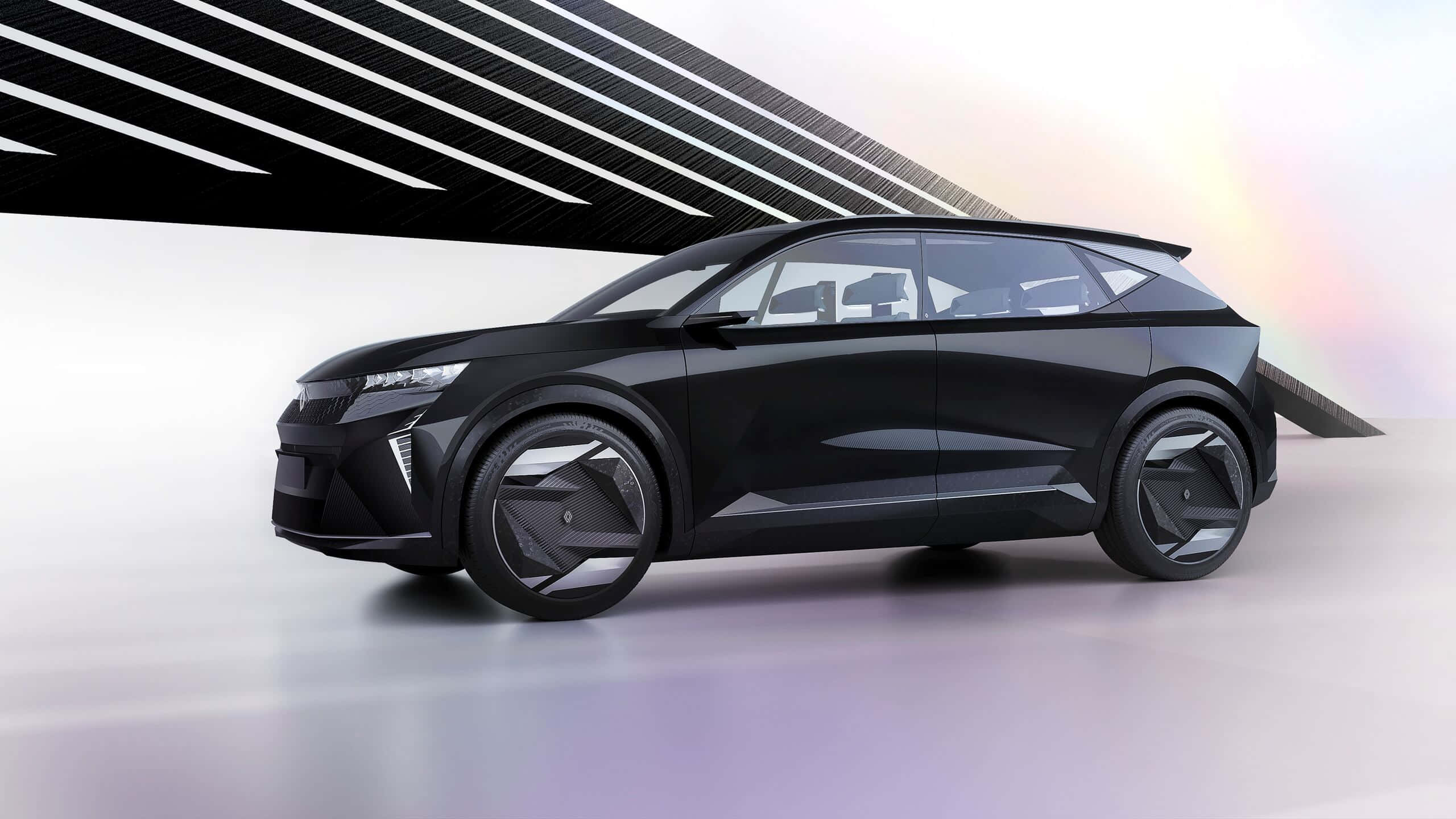 Renault Scenic 桌布 壁紙 — 時尚黑色未來感SUV，採用棱角設計，在幾何黑色天花板和彩虹燈光下帶有發光裝飾。