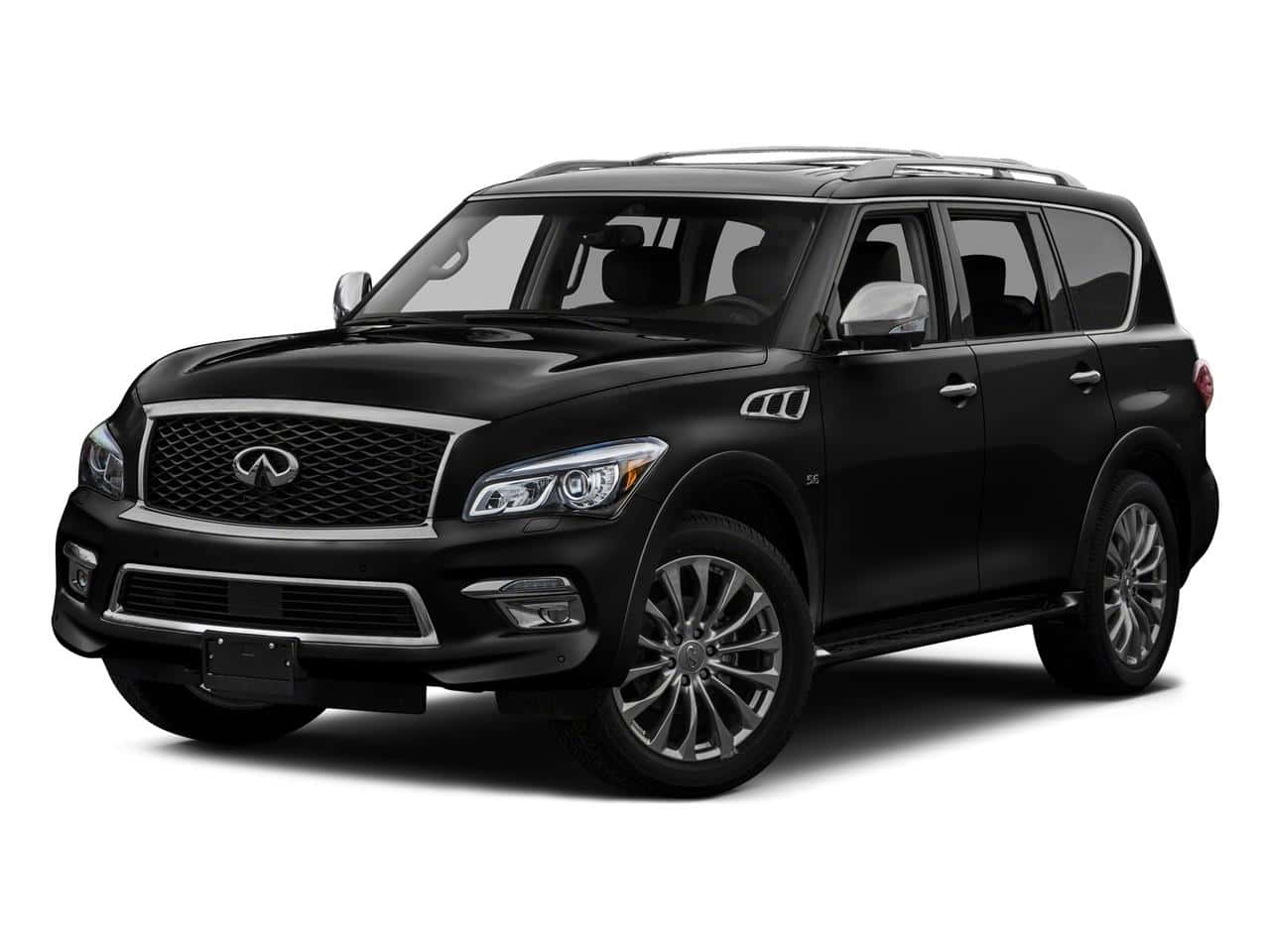 Infiniti Qx80 桌布 壁紙 — 一輛時尚的黑色Infiniti QX80 SUV，帶有鍍鉻飾邊和合金輪圈，在白色背景的攝影棚燈光下展示。