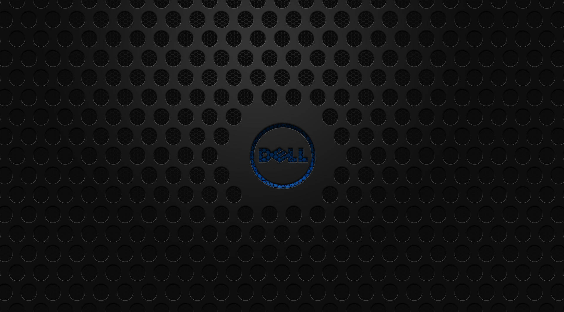 黑色穿孔表面，中央有發光藍色Dell標誌。 — Dell 壁紙
