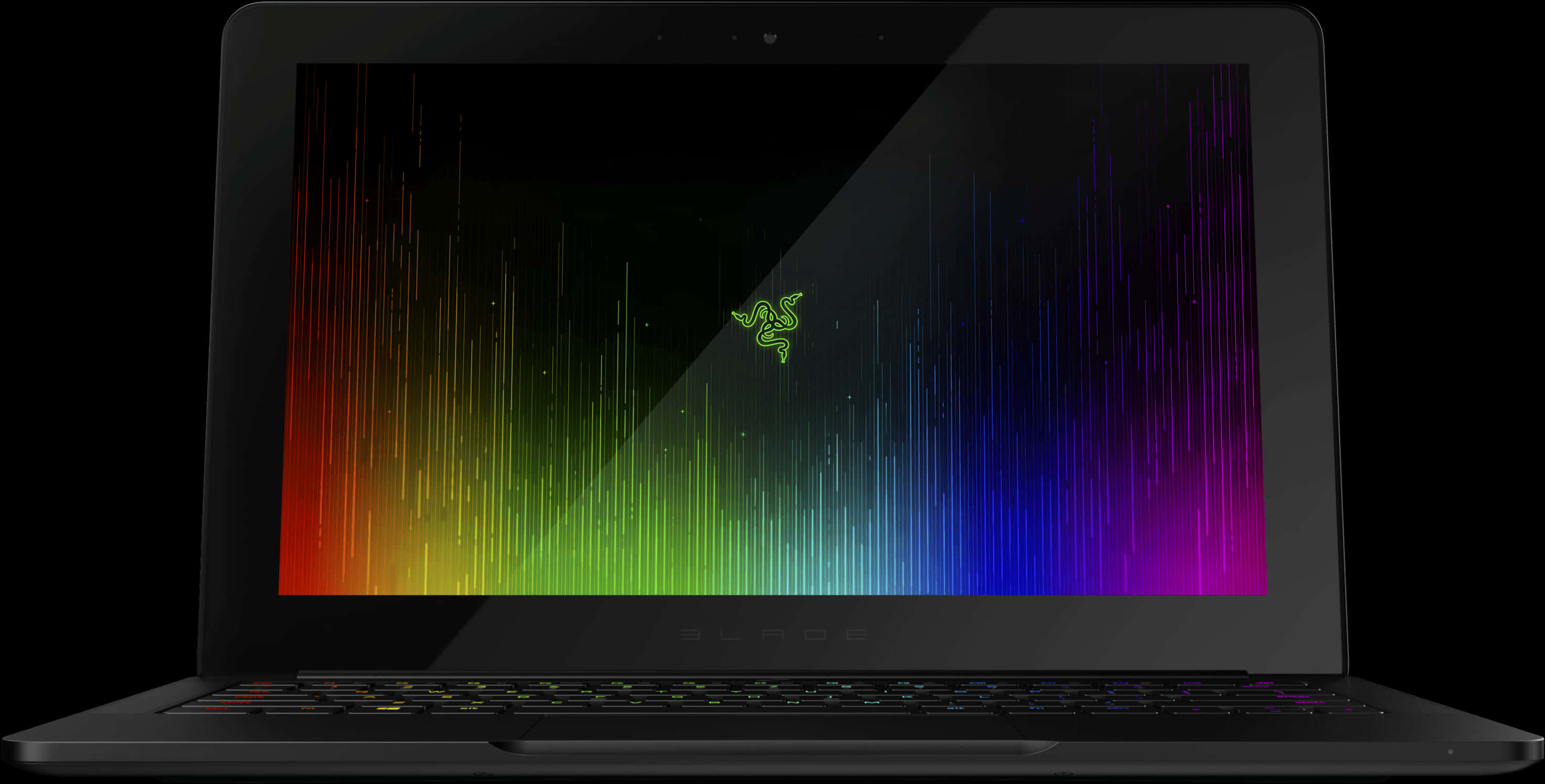 黑色 Razer Blade 筆記型電腦，配有彩色彩虹漸變桌布和發光標誌。 — 4K 壁紙