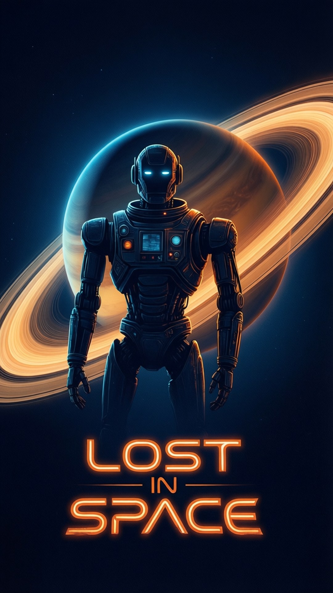 Lost in Space Minimalist Poster 壁紙 — 一個時尚的黑色機器人站在發光的環狀行星前，星空下帶有霓虹橙色標題文字。