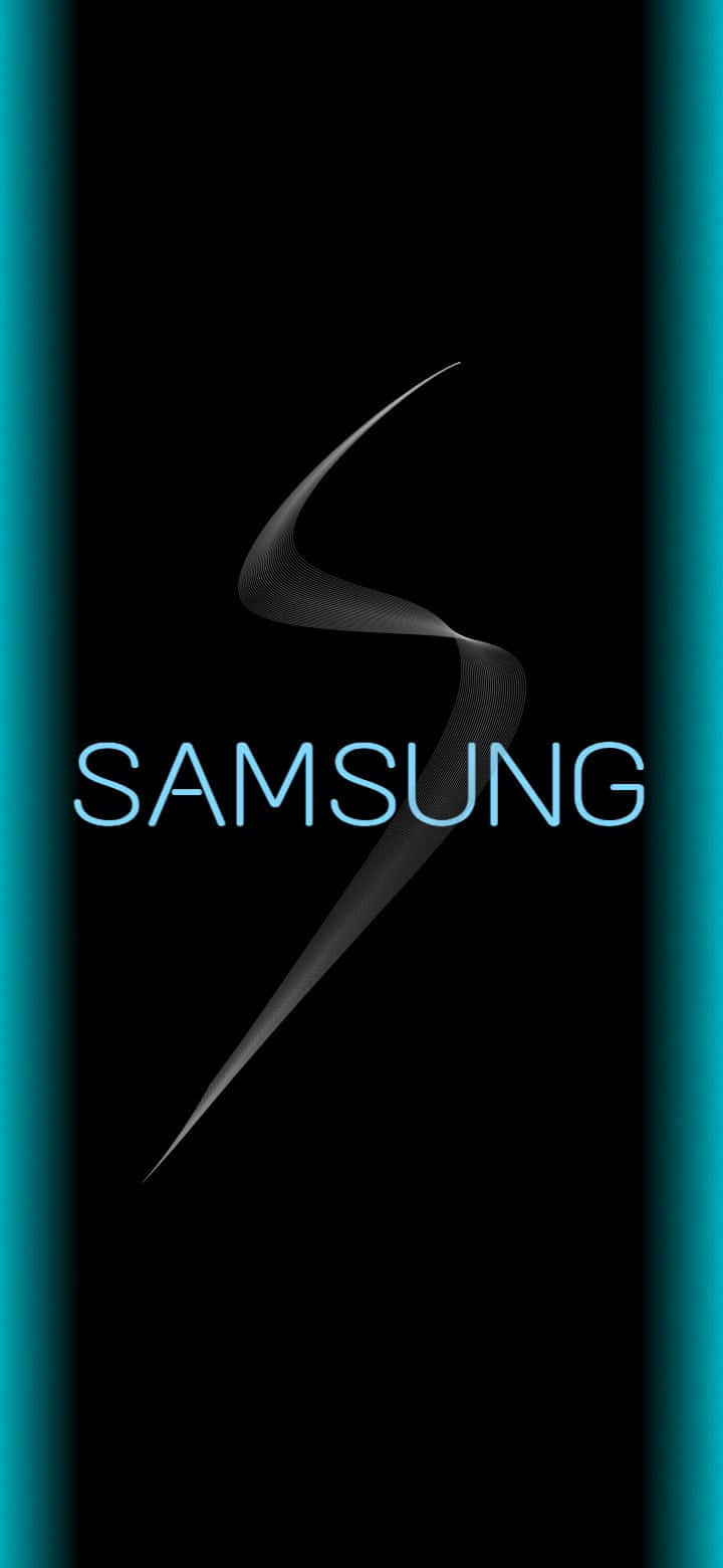 Samsung標誌，在黑色背景上帶有青色側邊條紋。 — Galaxy S10 壁紙
