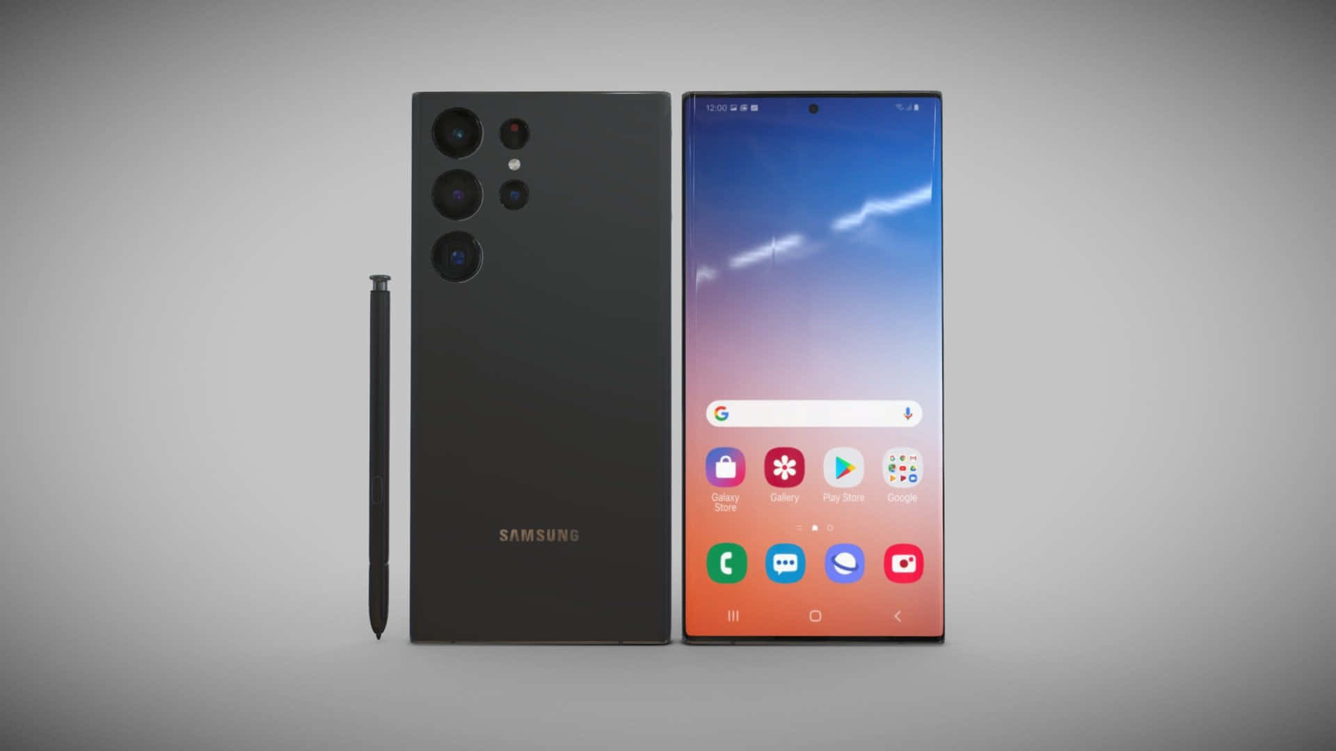  壁紙 — 一部時尚的黑色Samsung智慧型手機，配備大型曲面螢幕及三鏡頭相機，與其匹配的觸控筆一同展示在灰色背景上。