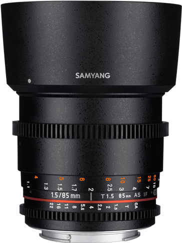 專業Samyang 1.5 85mm T鏡頭，帶有橙色標記和紋理對焦環。 — F1 壁紙