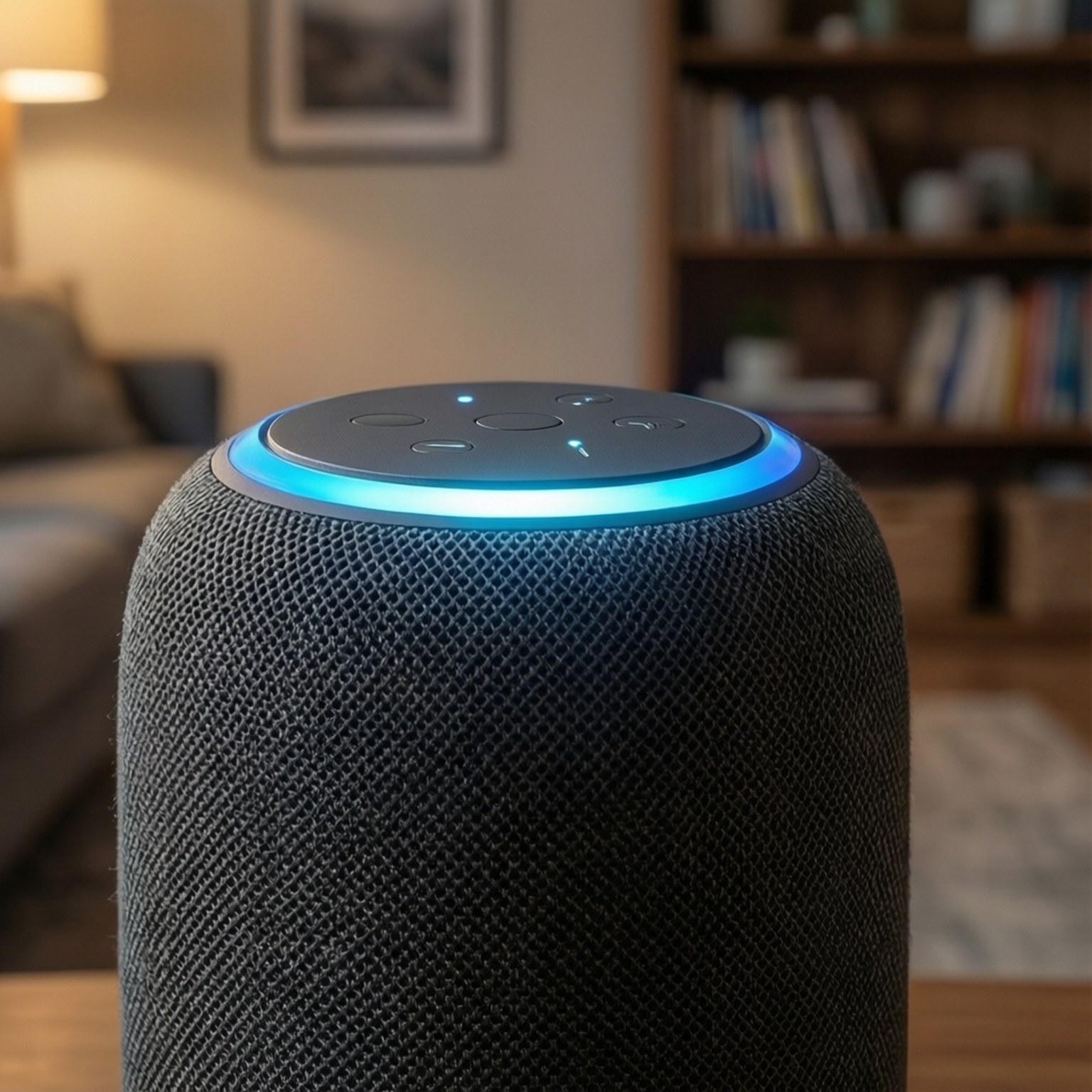 Smart Speaker Ambient 壁紙 — 一個時尚的黑色智慧型揚聲器，帶有發光的藍色環和觸控控制，放置在舒適客廳的木桌上。