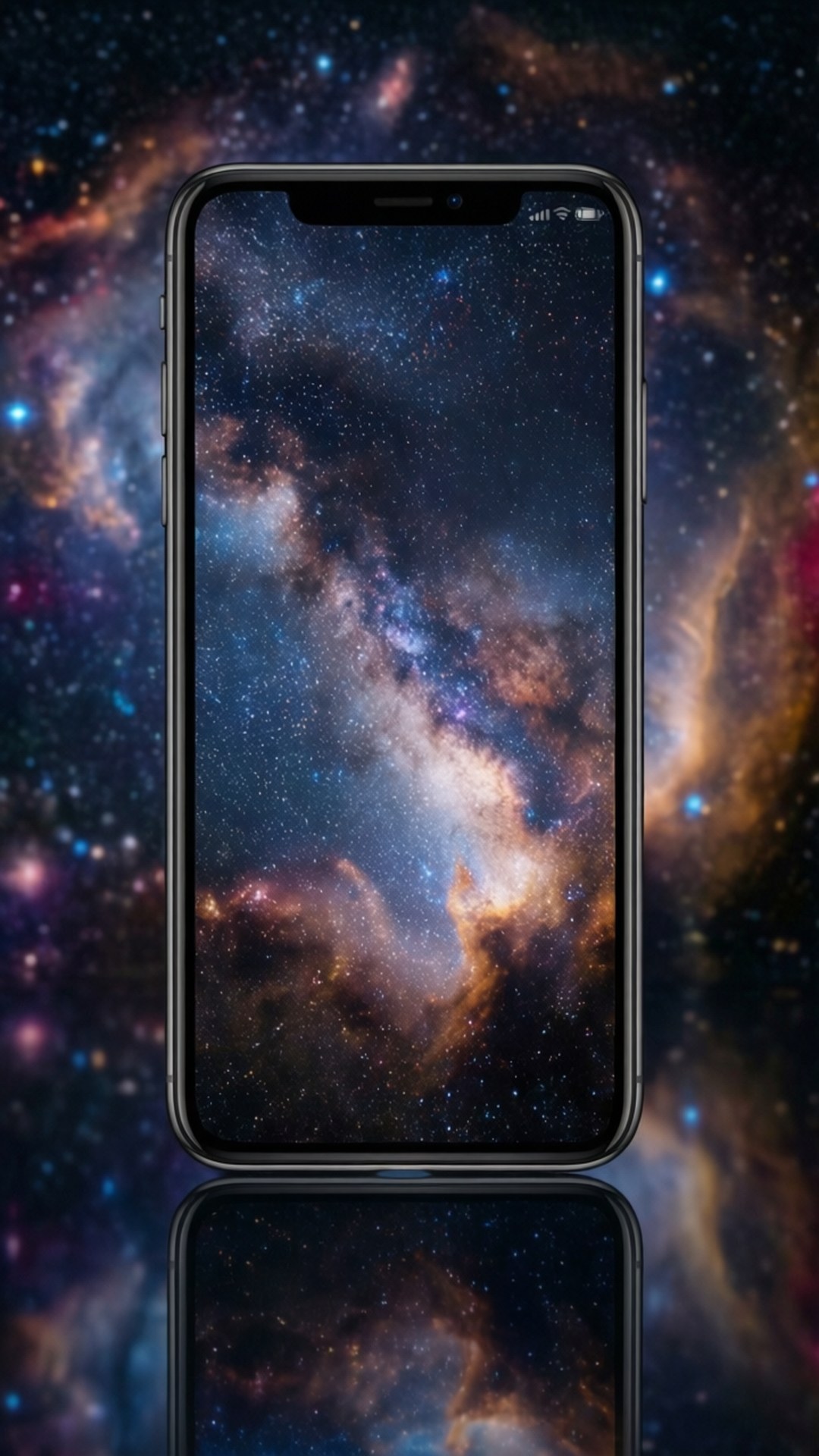 黑色智慧型手機顯示宇宙星雲，下方有星空和倒影 — iPhone 11 壁紙