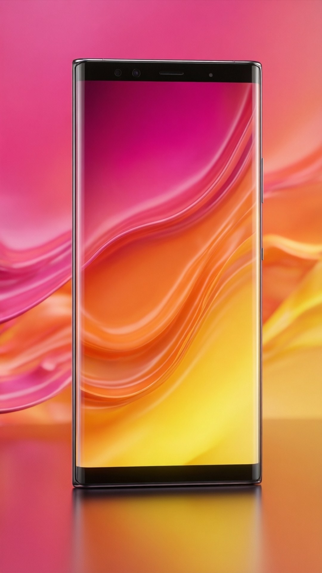 Gradient Wave Note 10 壁紙 — 一部時尚的黑色智慧型手機顯示出充滿活力的漸變桌布，流動的粉紅色、橙色和黃色波浪在相配的彩色背景上。