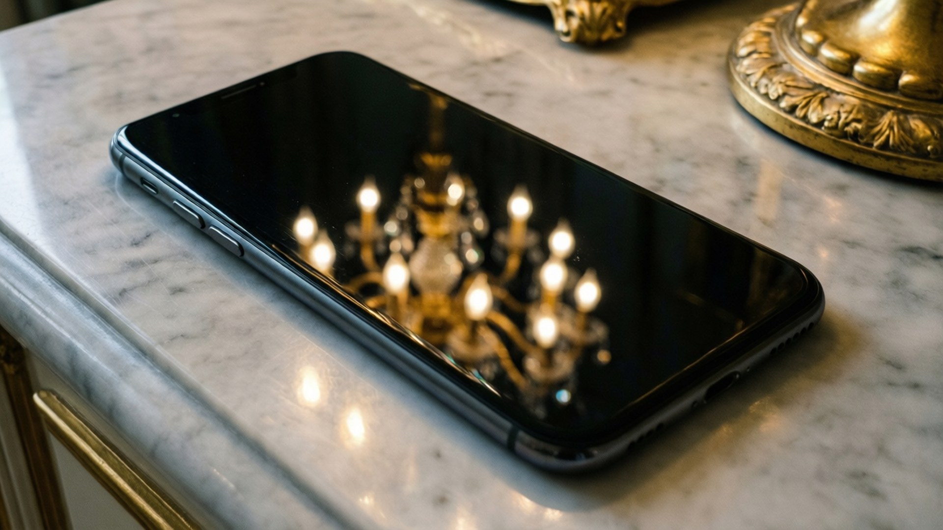 Luxury Phone Reflection 壁紙 — 一部時尚的黑色智慧型手機放在大理石表面上，反射著上方發光的華麗吊燈。