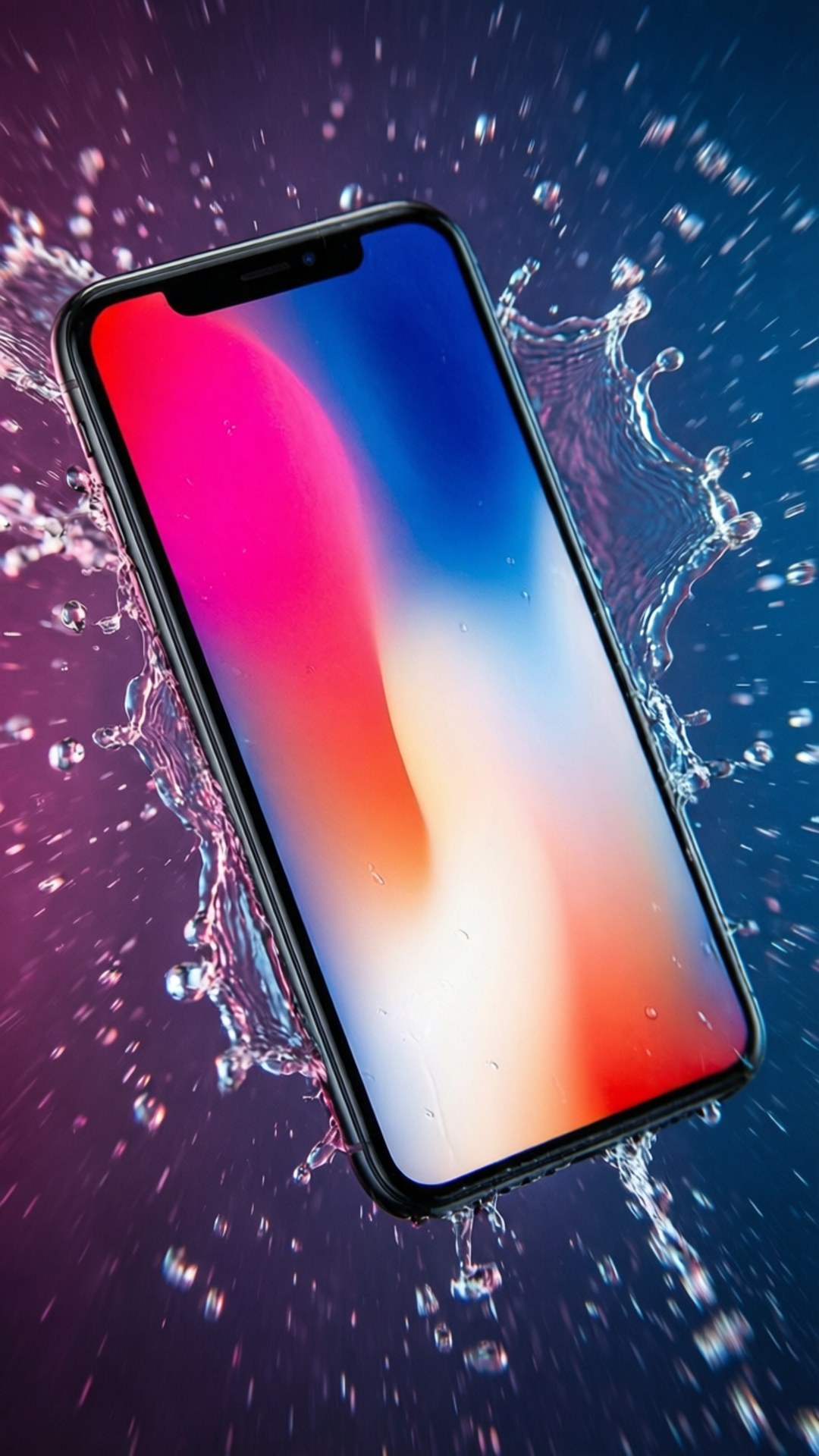 一部帶有彩色螢幕的智慧型手機，在深色背景上被水花包圍 — iPhone 11 壁紙