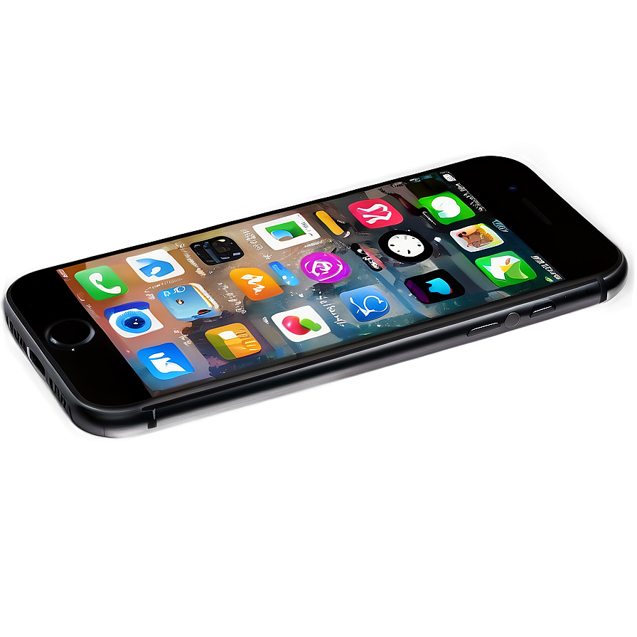黑色智慧型手機在深灰色表面上顯示色彩繽紛的應用程式。 — iPhone 11 壁紙