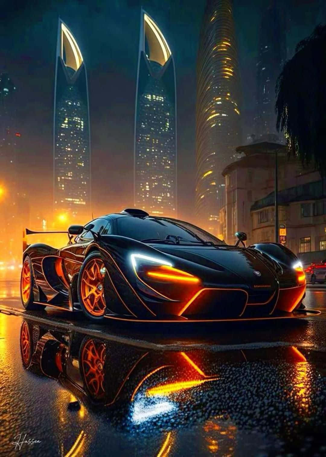  壁紙 — 一輛時尚的黑色跑車在夜間濕漉漉的城市街道上閃爍著橙色燈光，倒映在高聳摩天大樓下的水坑中。
