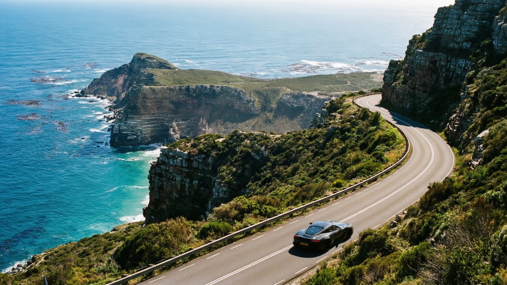 Chapman's Peak Drive 壁紙 — 一輛時尚的黑色跑車沿著蜿蜒的海岸公路行駛，緊貼陡峭的懸崖，俯瞰著充滿活力的碧綠海浪。