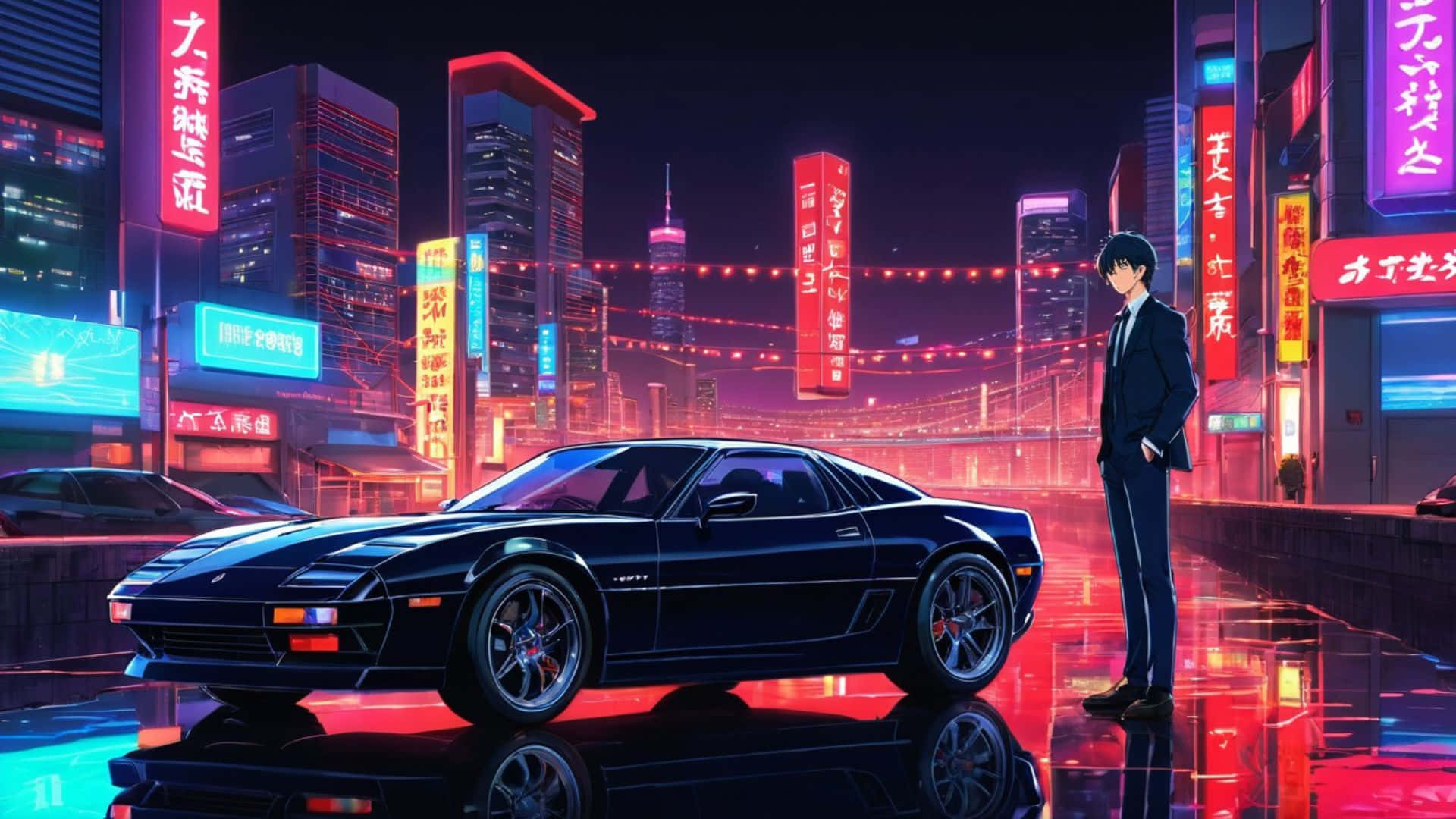  壁紙 — 一輛時尚的黑色跑車在霓虹燈下閃閃發光，一個孤獨的男人在夜晚雨淋的賽博朋克城市景觀中站在它旁邊。