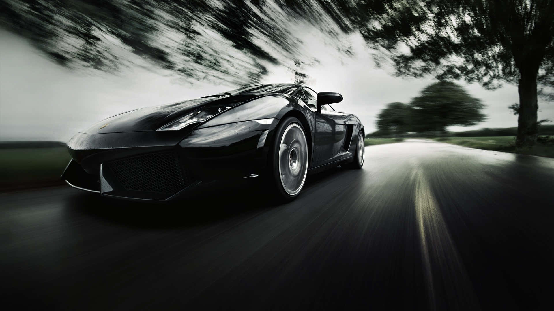 Lamborghini Gallardo 桌布 壁紙 — 一輛時尚的黑色跑車在潮濕的道路上飛馳，模糊的樹木和陰天強調了運動感。