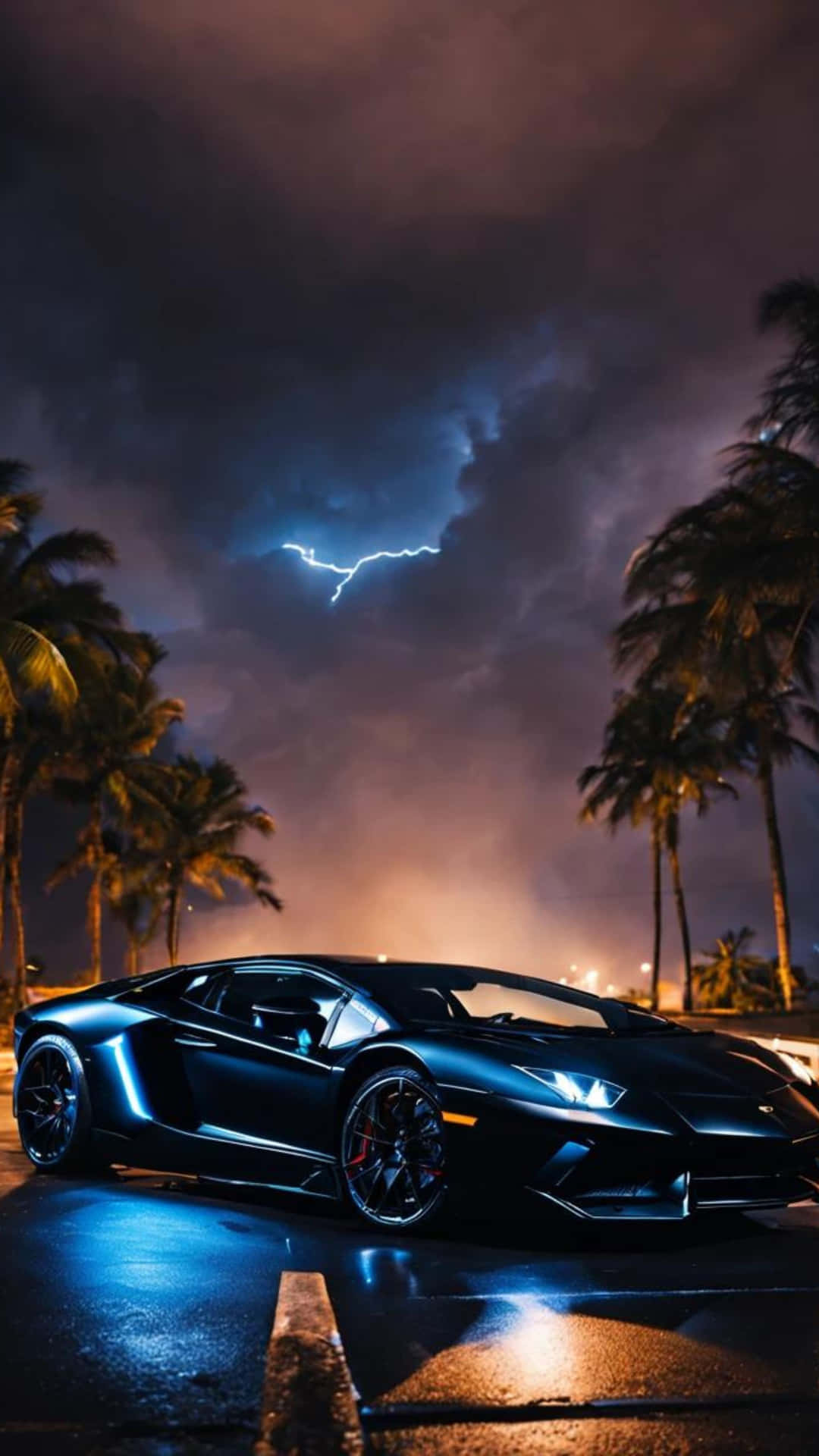  壁紙 — 一輛時尚的黑色跑車在戲劇性的夜空下閃閃發光，閃電劃過棕櫚樹上方。