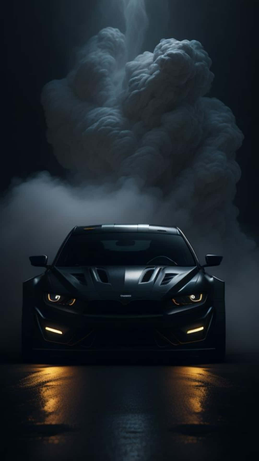  壁紙 — 一輛時尚的黑色跑車，帶有發光的車頭燈，在戲劇性的煙霧和昏暗燈光下向前行駛。