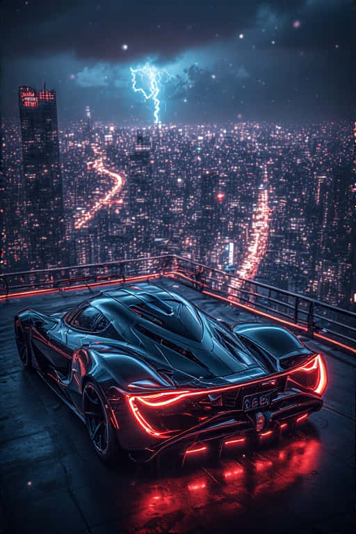 黑色跑車帶紅色燈光停在天台，俯瞰暴風雨夜晚中發光的城市 — 4K 壁紙