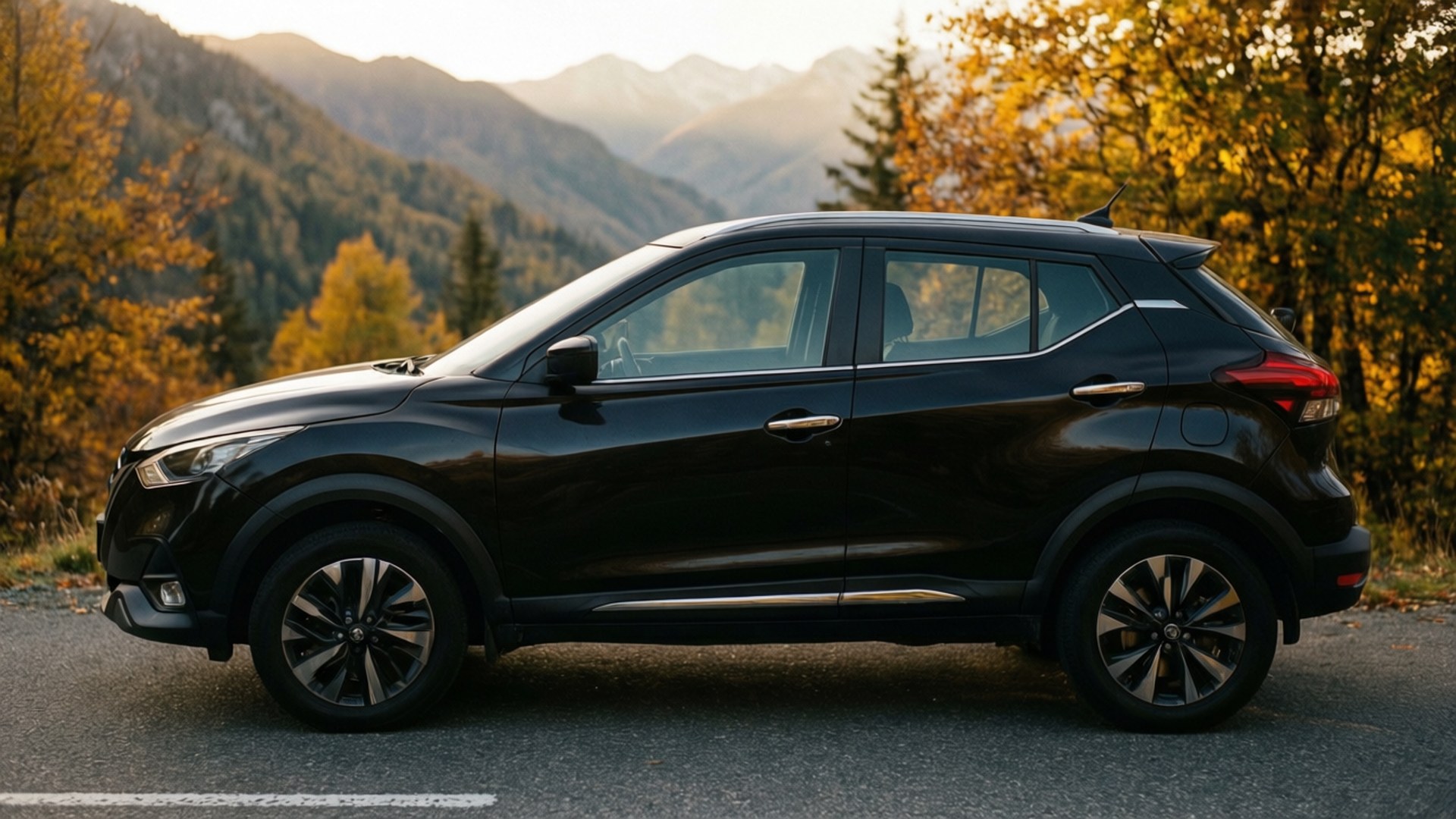 Nissan Kicks 桌布 壁紙 — 一輛時尚的黑色SUV停泊在山路上，周圍是秋天的樹木和遠峰，沐浴在金色的日落光芒中。