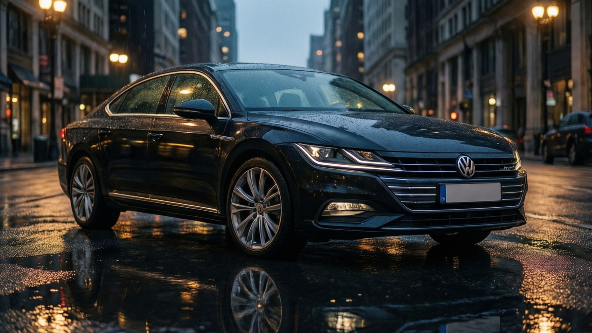 Passat CC Noir 壁紙 — 一輛時尚的黑色福斯汽車轎車在雨濕的城市街道上，在街燈下閃閃發光，帶有濕潤的倒影。