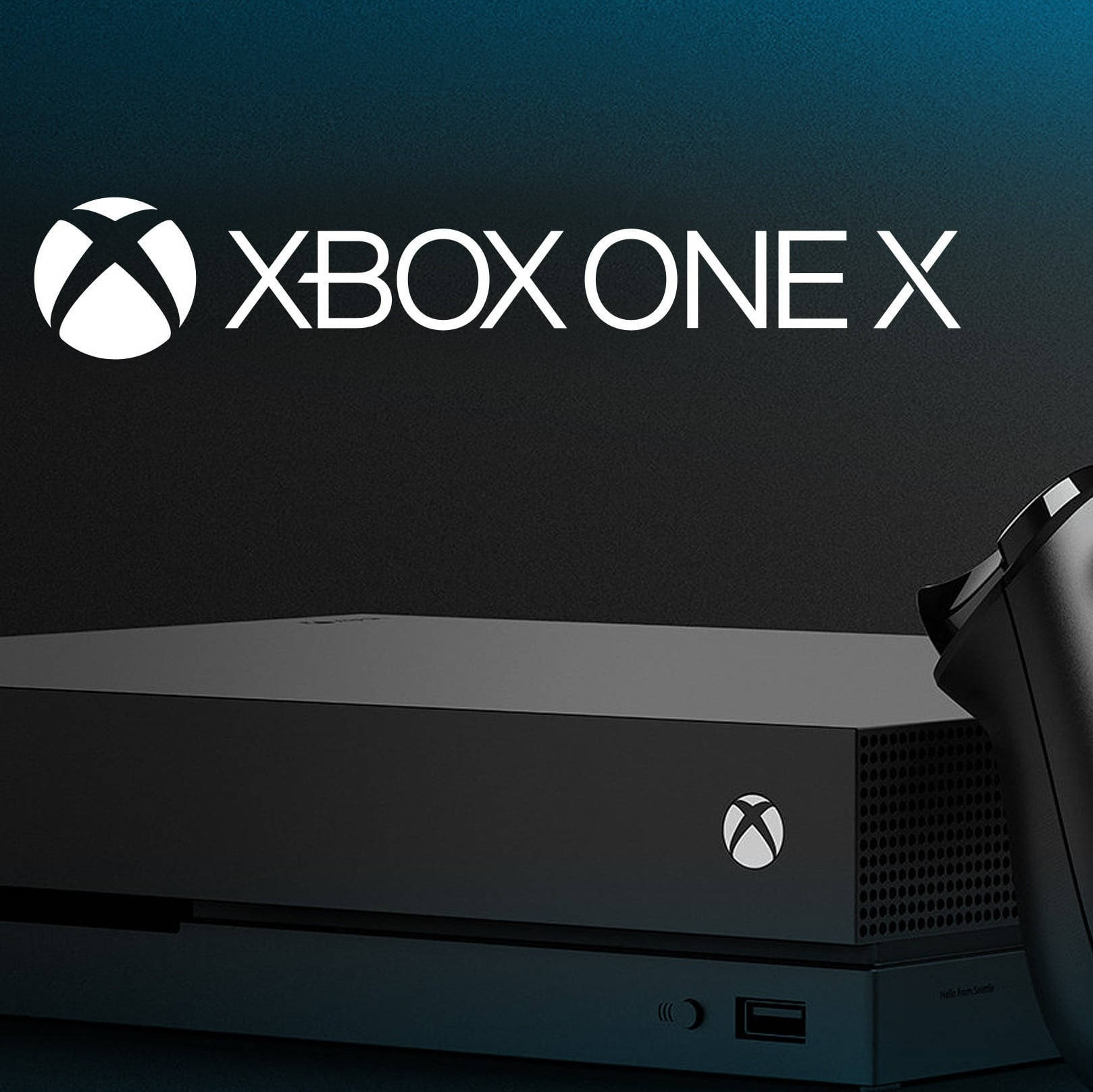 黑色 Xbox One X 主機連控制器，在深色背景上帶有發光標誌。 — 1080P 壁紙