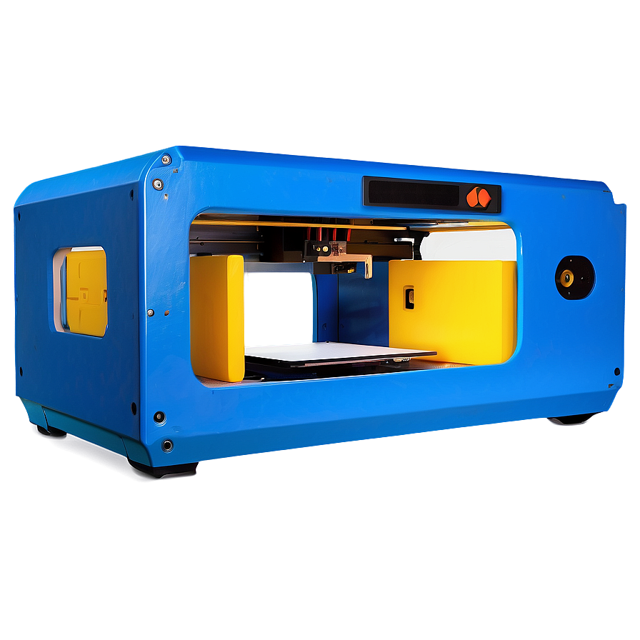 藍色3D列印機，內部黃色，列印頭準備就緒。 — 3D 壁紙