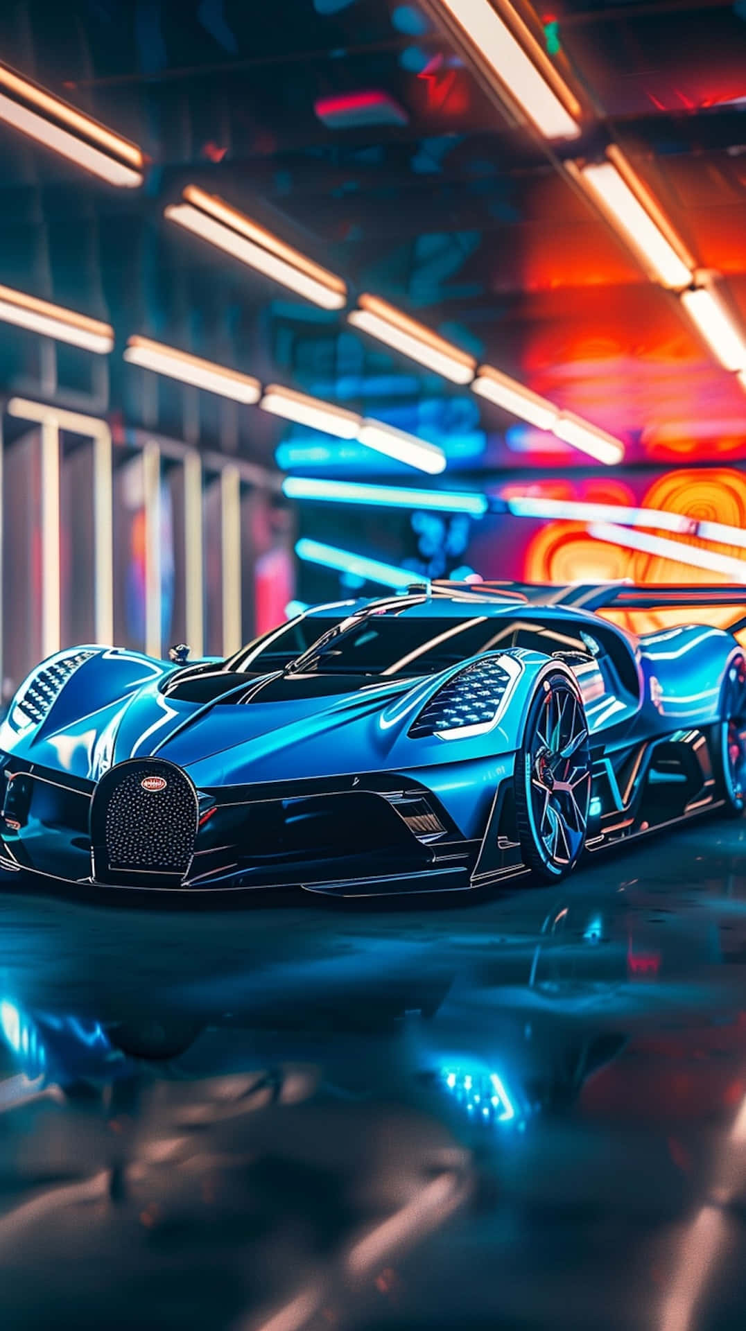 Bugatti Bolide 桌布 壁紙 — 一輛時尚的藍色 Bugatti 超跑在未來感車庫中，於鮮豔的霓虹燈光下閃耀，地板具有反射效果。