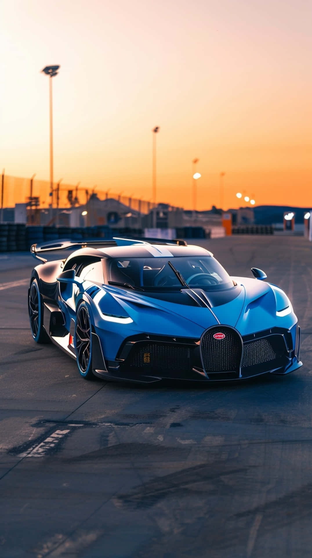 Bugatti Bolide 桌布 壁紙 — 一輛時尚的藍色 Bugatti 超跑在賽道上閃耀，背景是溫暖的橙色日落天空。