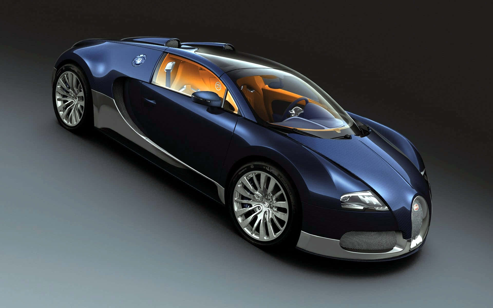 Bugatti Veyron 桌布 壁紙 — 一輛時尚的藍色Bugatti Veyron跑車，配橙色內裝，在攝影棚燈光下閃耀。