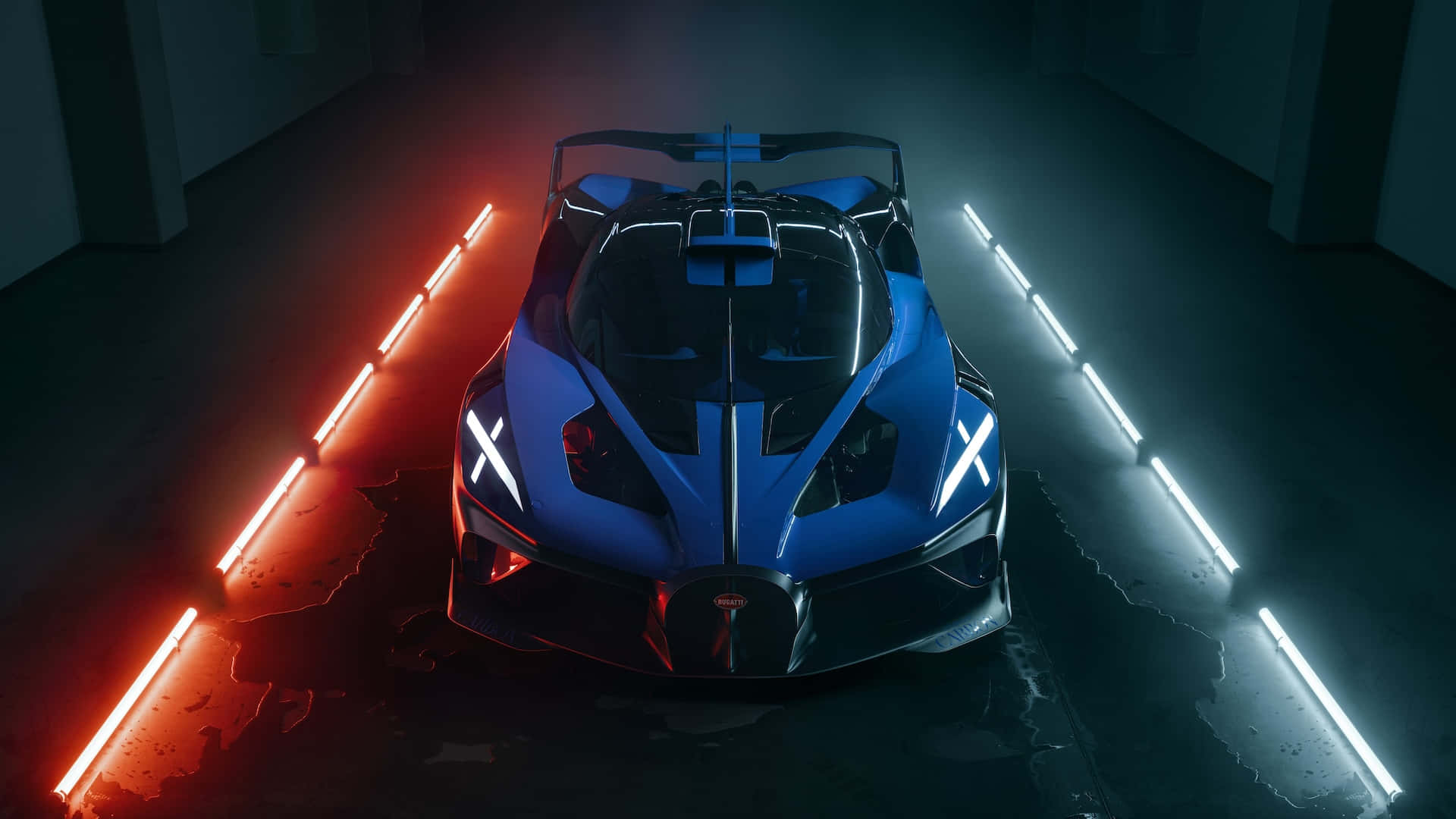 Bugatti Bolide 桌布 壁紙 — 一架時尚的藍色超跑在昏暗的車庫中向前，車庫由裂縫混凝土上的紅色和白色霓虹燈條照亮。