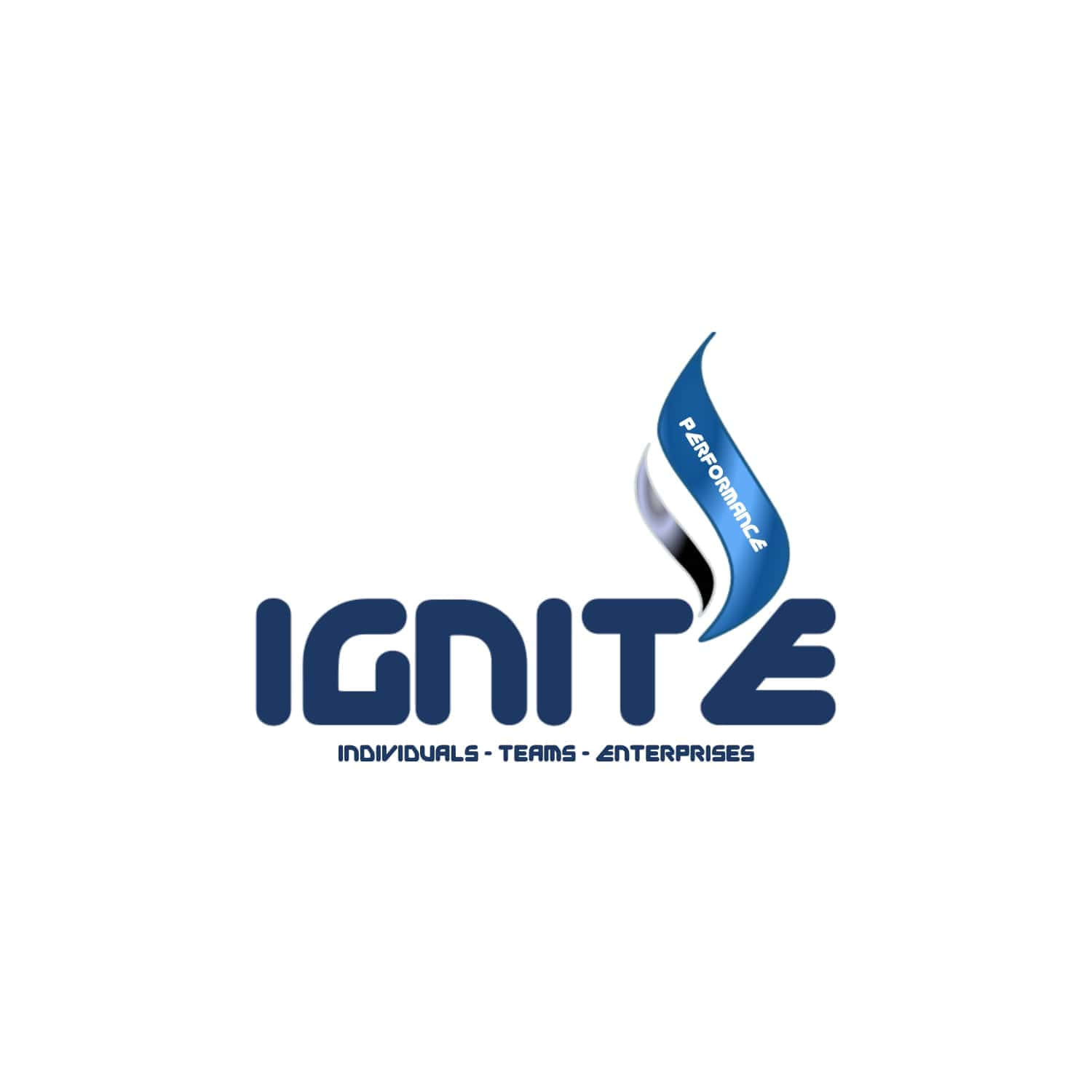  壁紙 — 一個時尚的藍色標誌，帶有單詞 ignite 和一個火焰形狀的元素，在白色背景上拼寫出 performance。