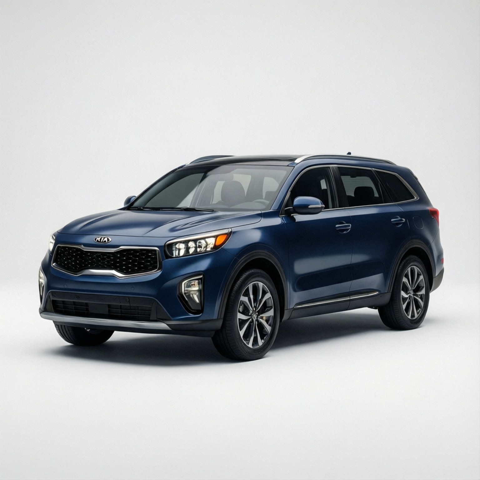 Kia Sorento 桌布 壁紙 — 一輛時尚的藍色Kia SUV在乾淨的攝影棚中展示，配有柔和燈光和簡約白色背景。