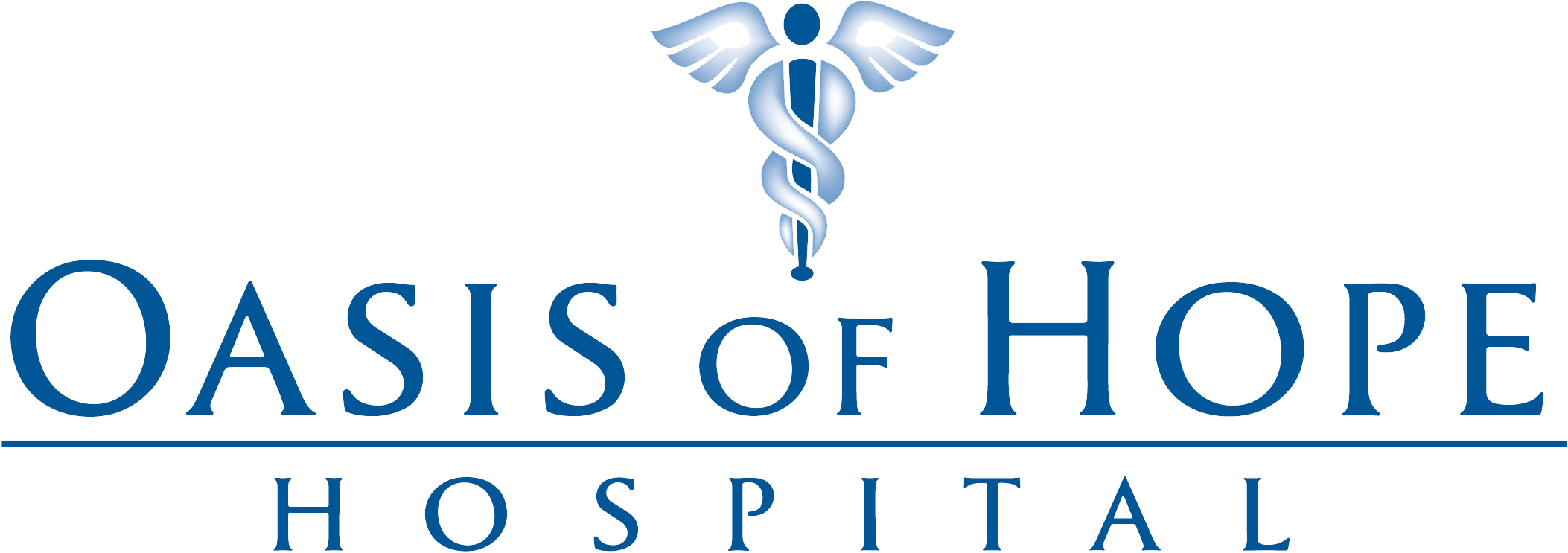 綠洲 桌布 壁紙 — Oasis of Hope Hospital 的時尚藍色標誌，在黑色背景上帶有帶翅膀的雙蛇杖符號。