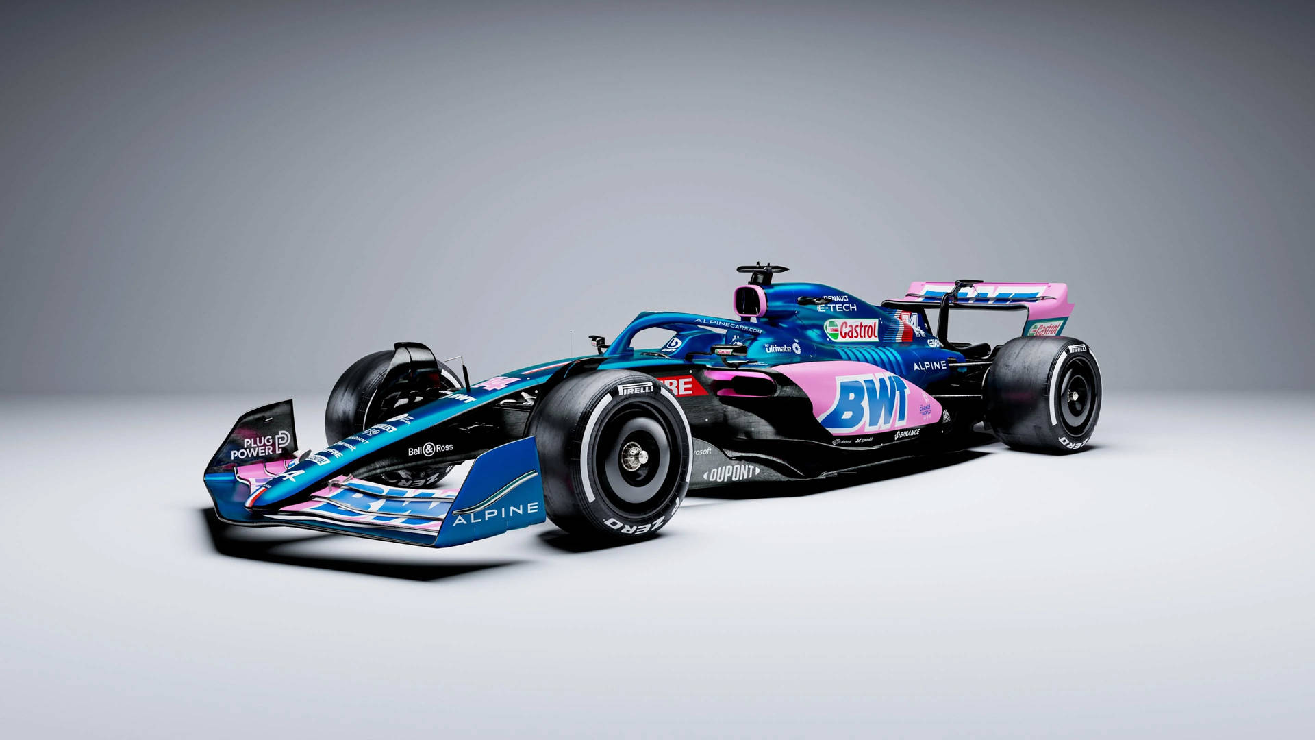 灰色工作室地板上的藍粉配色Alpine F1賽車。 — F1 壁紙