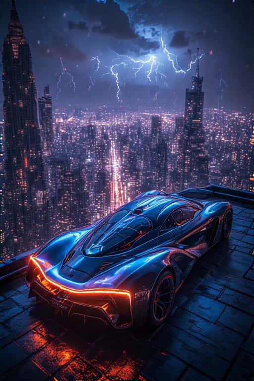 時尚的藍色跑車帶有發光的橙色燈光，在屋頂上俯瞰著夜晚暴風雨的霓虹城市。 — 4K 壁紙