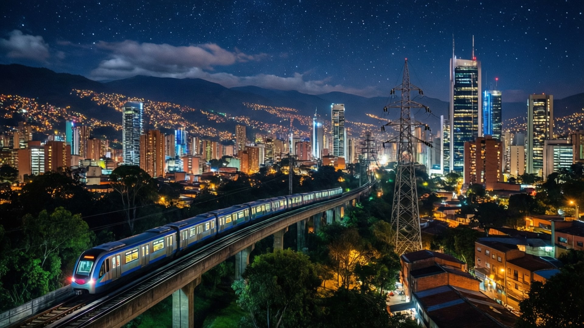 Medellín Night Lights 壁紙 — 一列時尚的藍色火車在星空下的高架軌道上滑行，下方是充滿活力的城市景觀，有發光的摩天大樓和遠山。