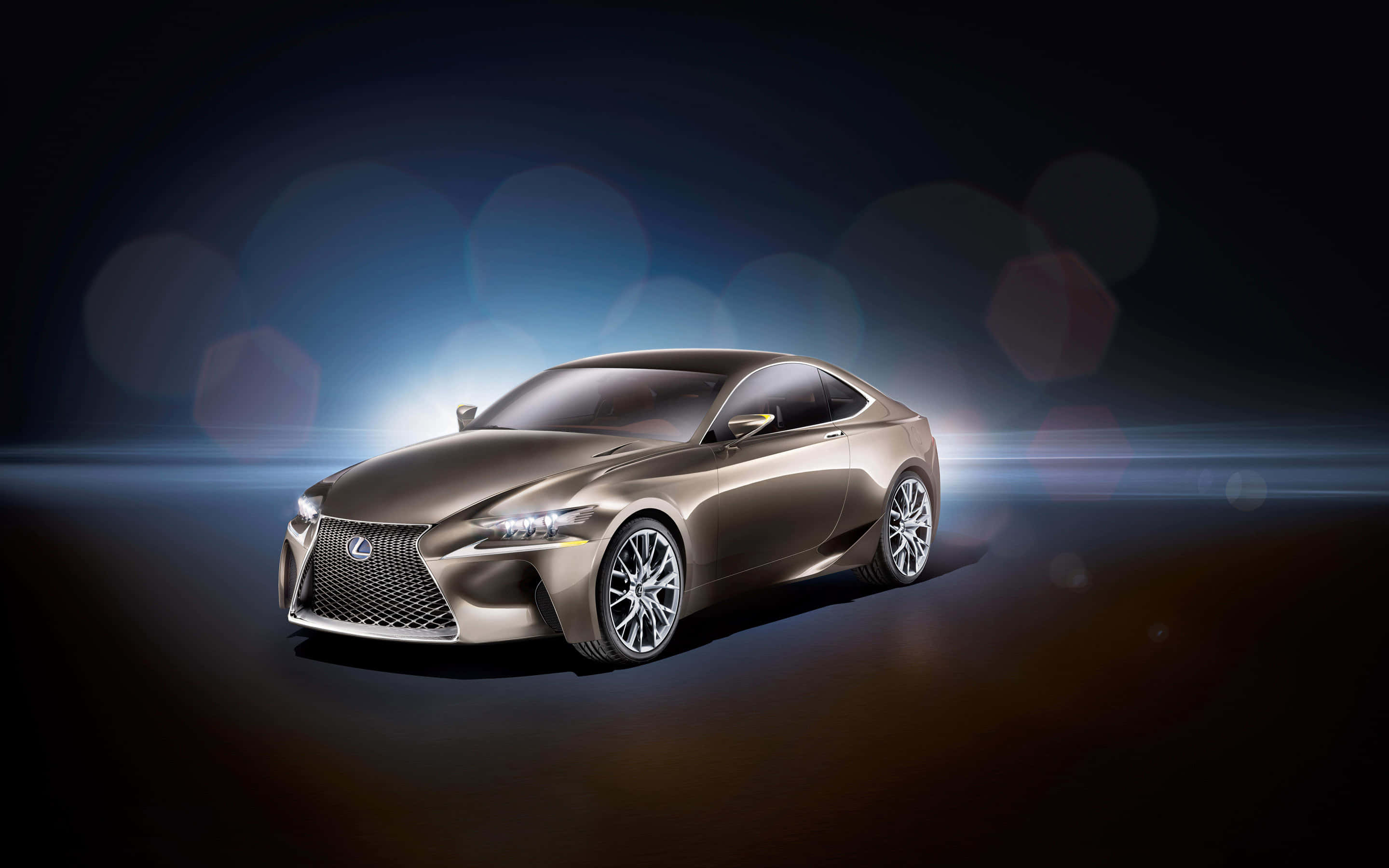 Lexus Rc F 桌布 壁紙 — 一輛時尚的青銅色Lexus跑車在戲劇性的藍色工作室燈光下閃耀，帶有鏡頭光暈和動態模糊。