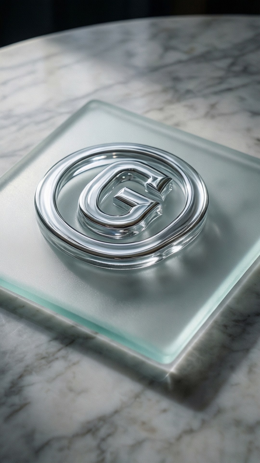Frosted Glass Chrome 壁紙 — 一個時尚的鍍鉻字母G標誌放置在磨砂玻璃上，置於拋光大理石表面。