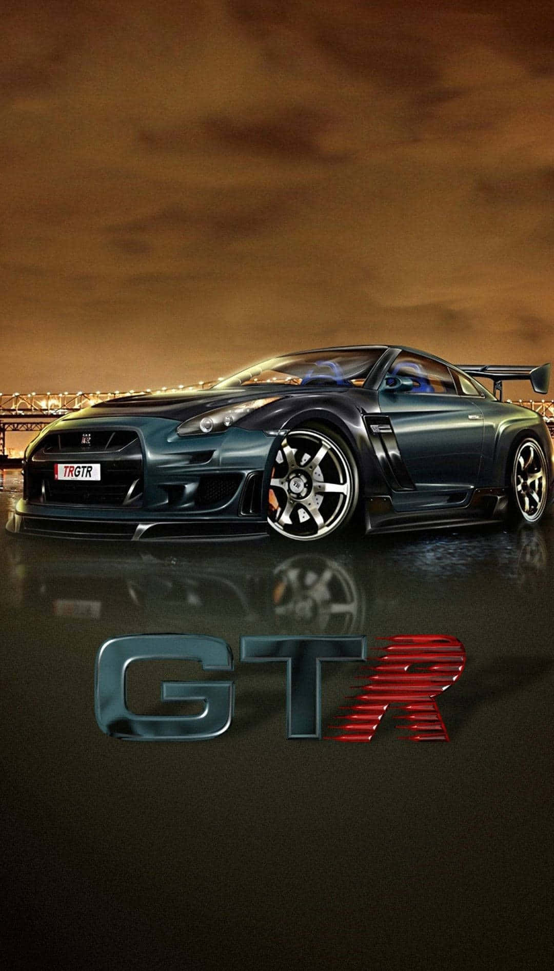 深藍色日產GT-R跑車在潮濕道路上，黃昏時分帶有發光GTR標誌。 — 吉他 iPhone 壁紙