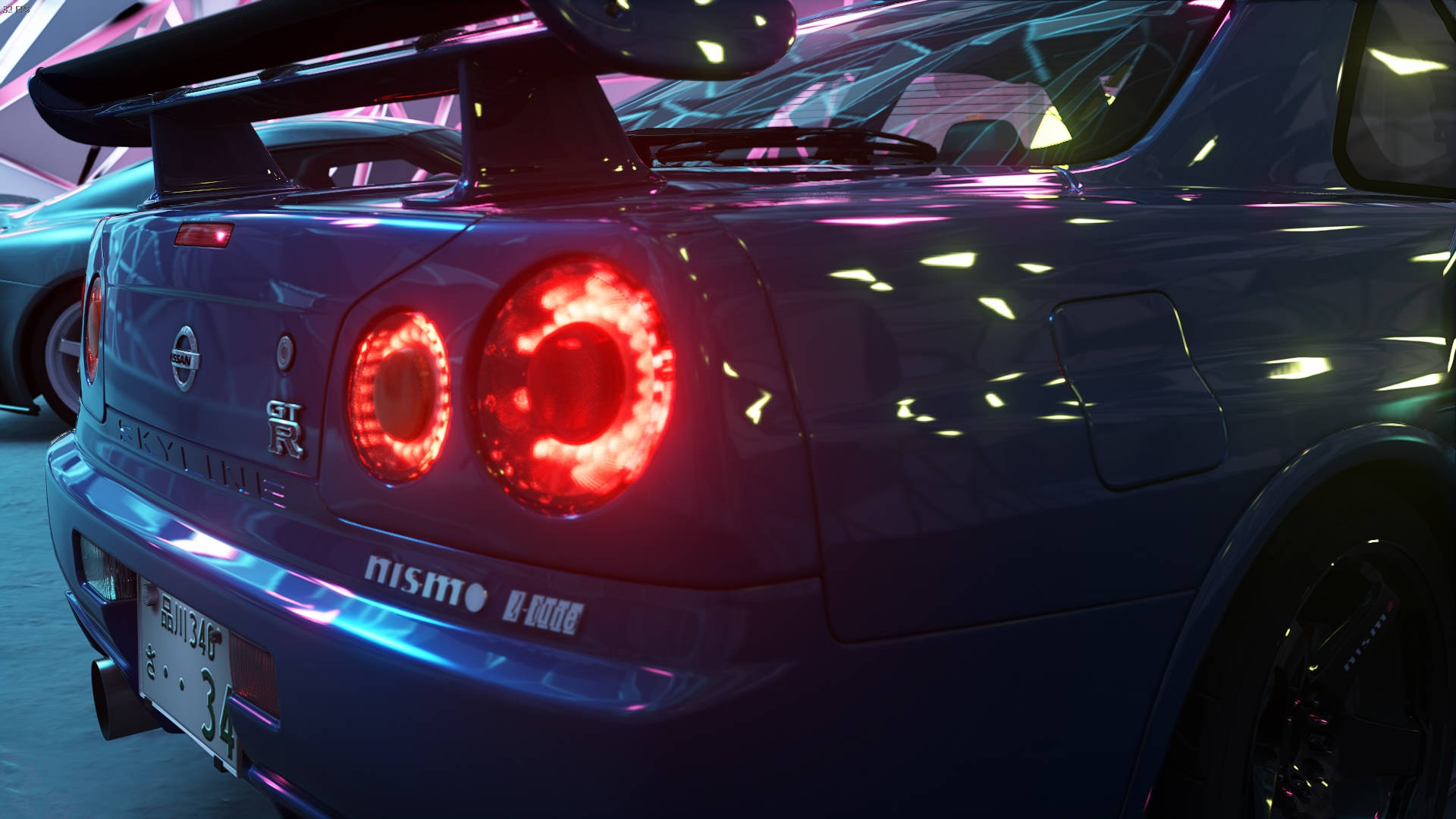 深藍色日產Skyline GT-R，在霓虹燈車庫中帶有發光的紅色尾燈。 — 日產 Skyline GTR R34 壁紙