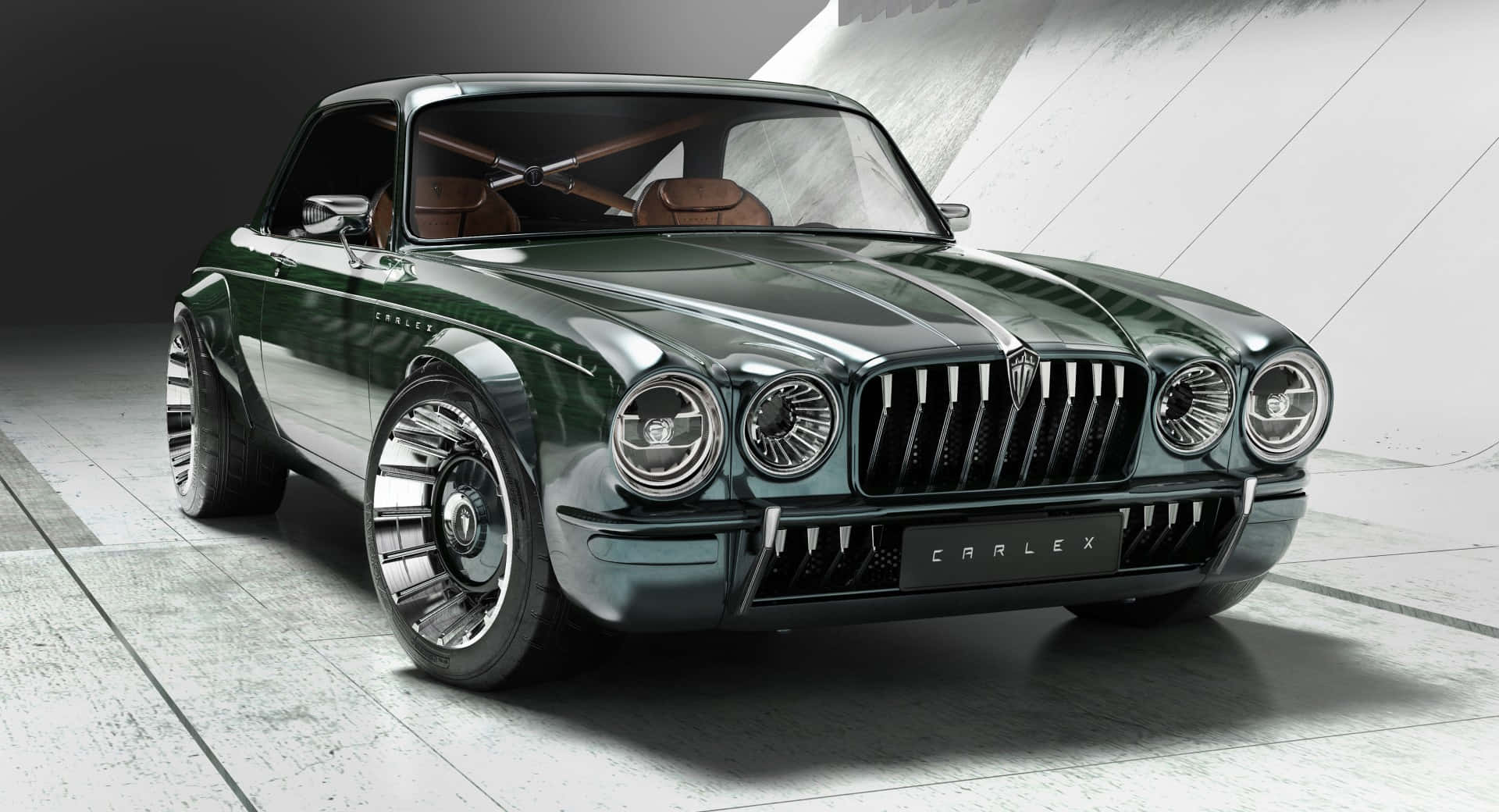Jaguar Xj 桌布 壁紙 — 一輛時尚的深綠色復古風格跑車，配備鍍鉻裝飾和定制輪圈，在簡約的攝影棚環境中展示。
