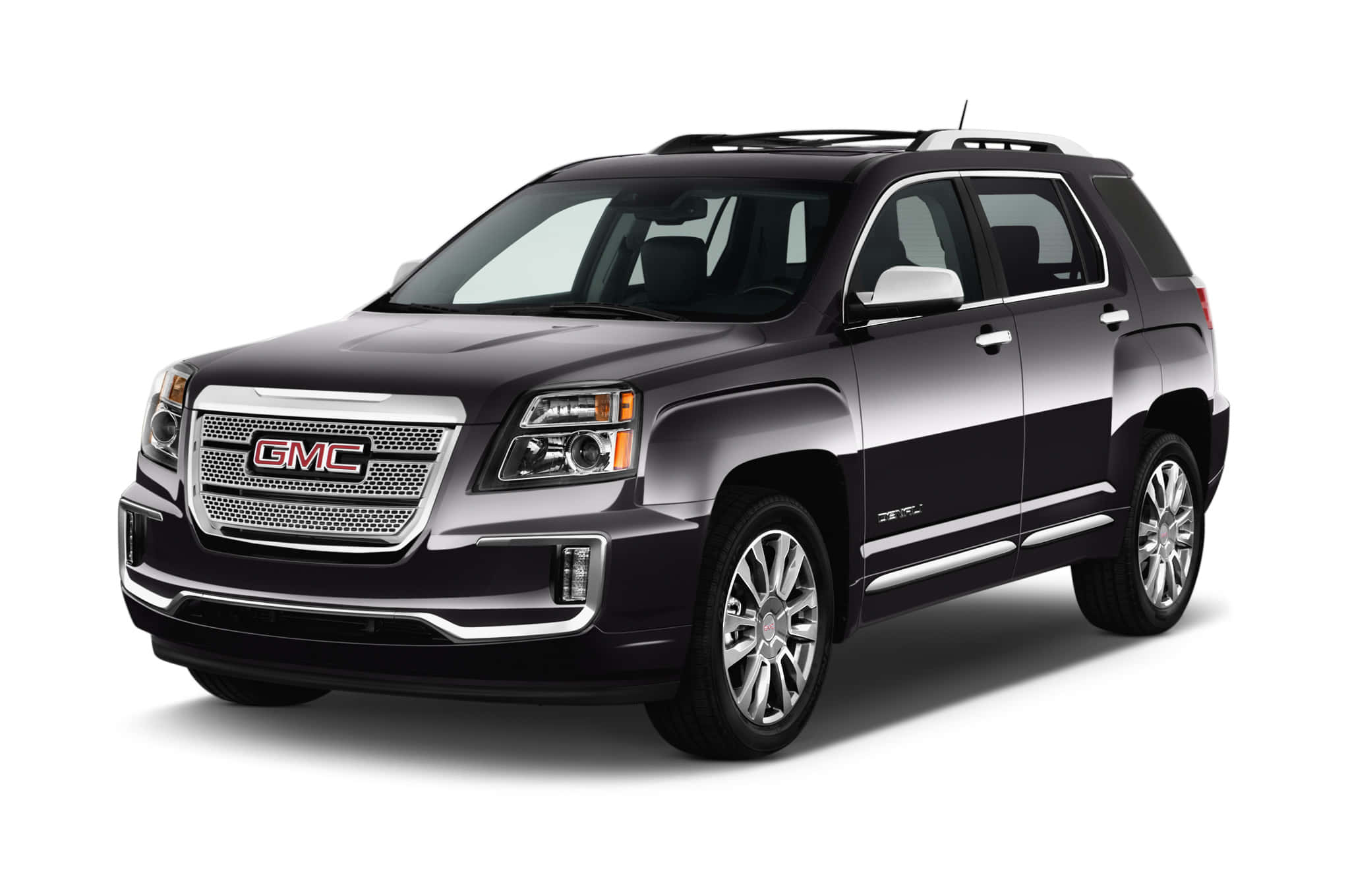 Gmc Terrain 桌布 壁紙 — 一輛時尚的深紫色GMC Acadia SUV，配備鍍鉻飾邊和車頂行李架，在純白背景前展現風采。
