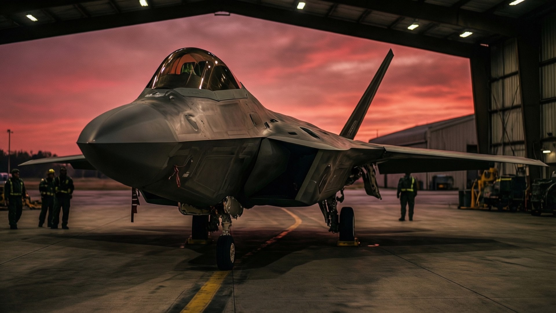 Lockheed Martin 桌布 壁紙 — 一架流線型戰鬥機停在機庫內，身後是熾熱的夕陽映照天空。