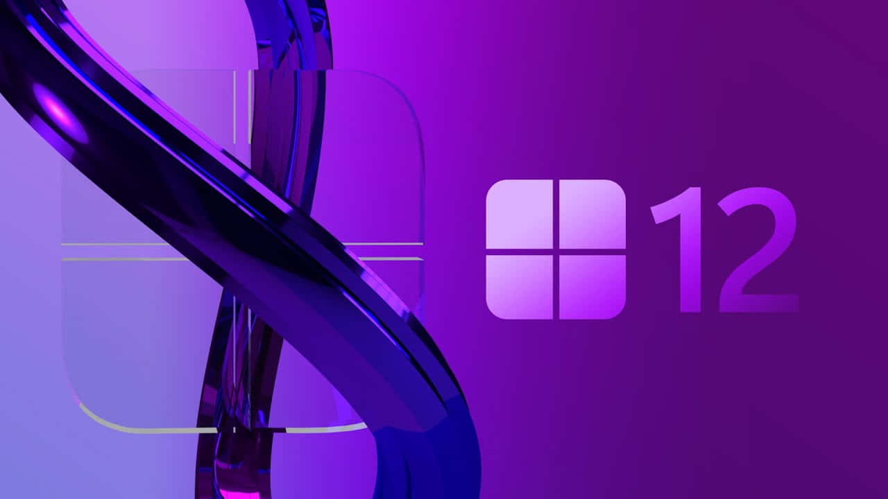  壁紙 — 時尚未來感紫色和藍色抽象數位設計，以Windows 12標誌為特色，帶有發光曲線和漸變燈光。